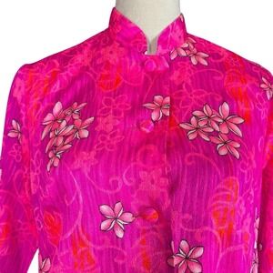 Vintage 60s Bark Cloth Day Glo Psychedelic Floral Mandarin Collar Shirt Hawaiian